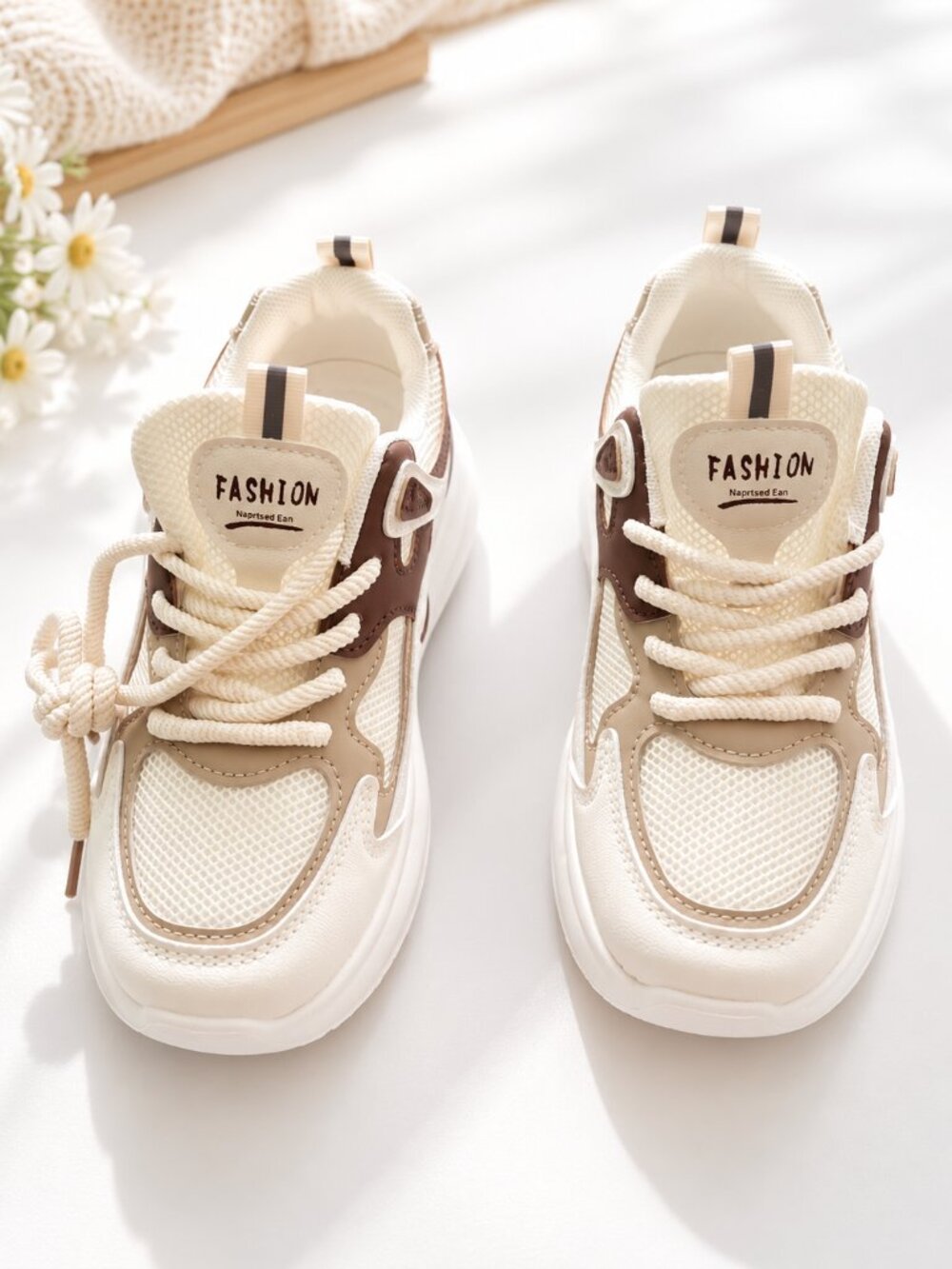 NEW Cream Beige Brown Chunky Mesh Sneakers EU 36 - Picture 3 of 8